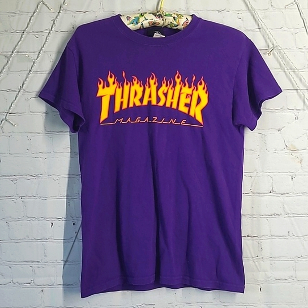Y2K Thrasher Skateboarding Skating Magazine Classic Logo Purple Tee Tshirt Sz S